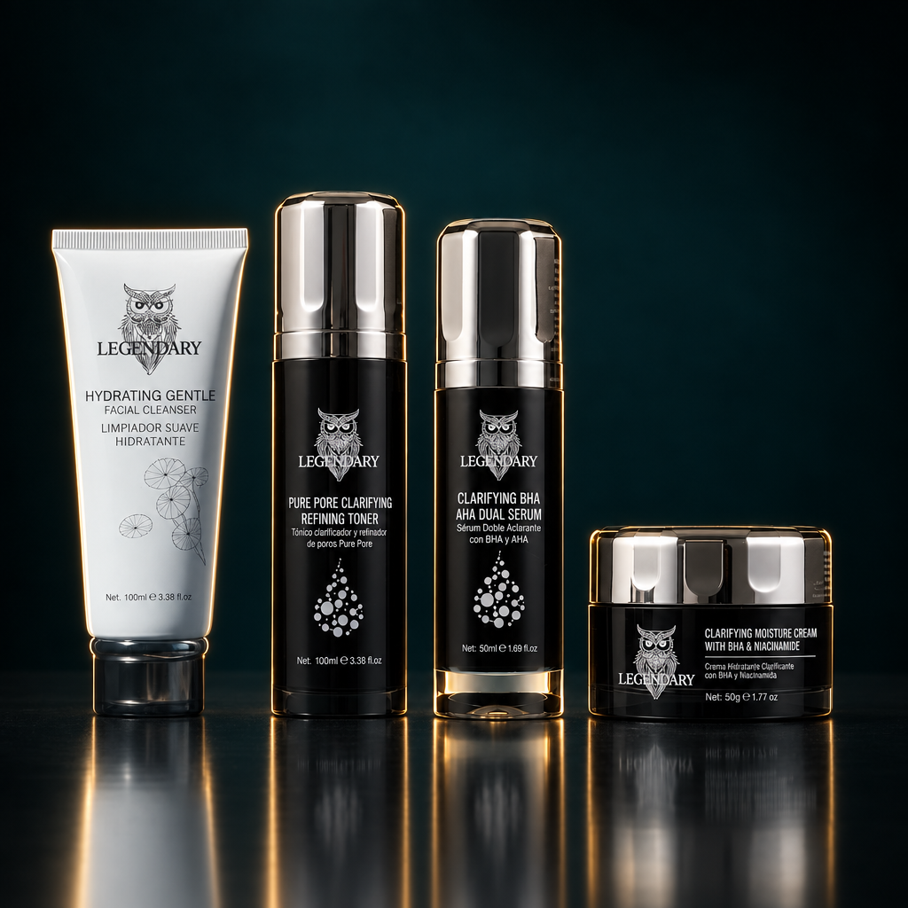 Cuatro productos Legendary del Kit Control y Claridad sobre fondo oscuro